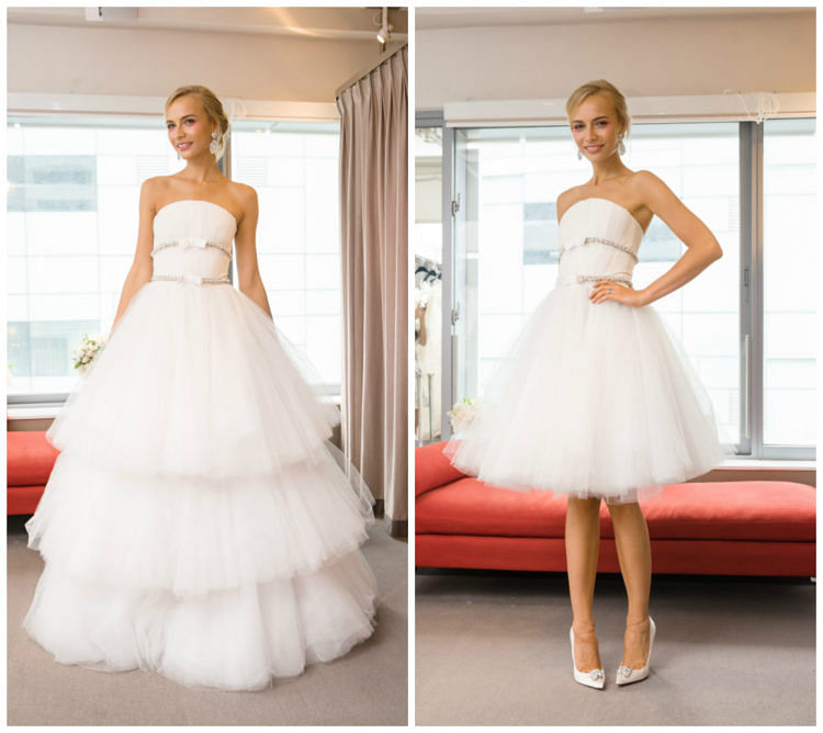 Strapless tiered tulle ball gown with tulle overskirt (left) and without (right).