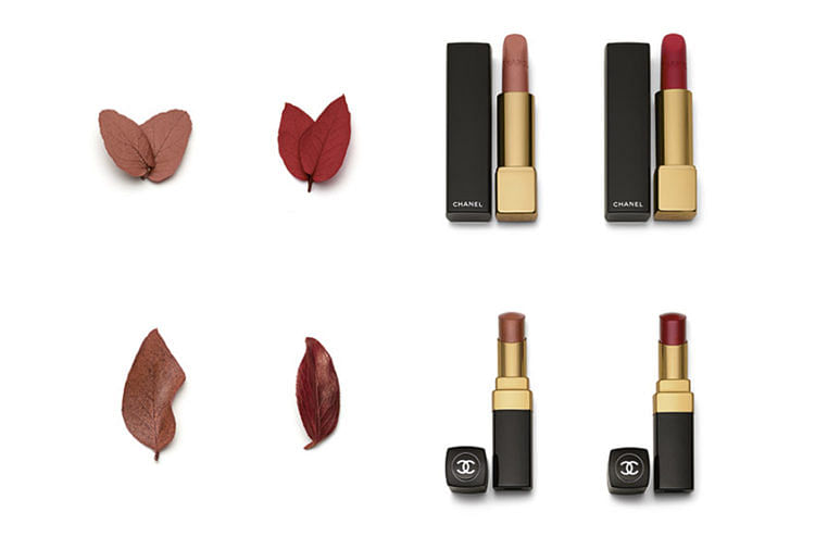 Top Row (L-R): Rouge Allure in #162 Pensive and Rouge Allure Velvet in #51 La Bouleversante (48 each) Bottom Row (L-R): Rouge Coco Shine in #99 Melancolie and #112 Temeraire (48 each)