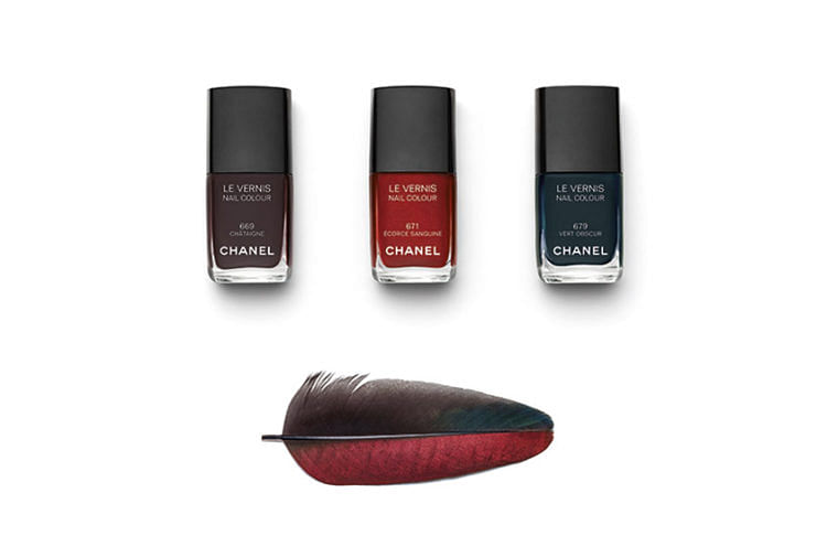 (L-R) Chanel Le Vernis in #669 Chataigne, #671 Ecorce Sanguine and #679 Vert Obscur ($38 each)